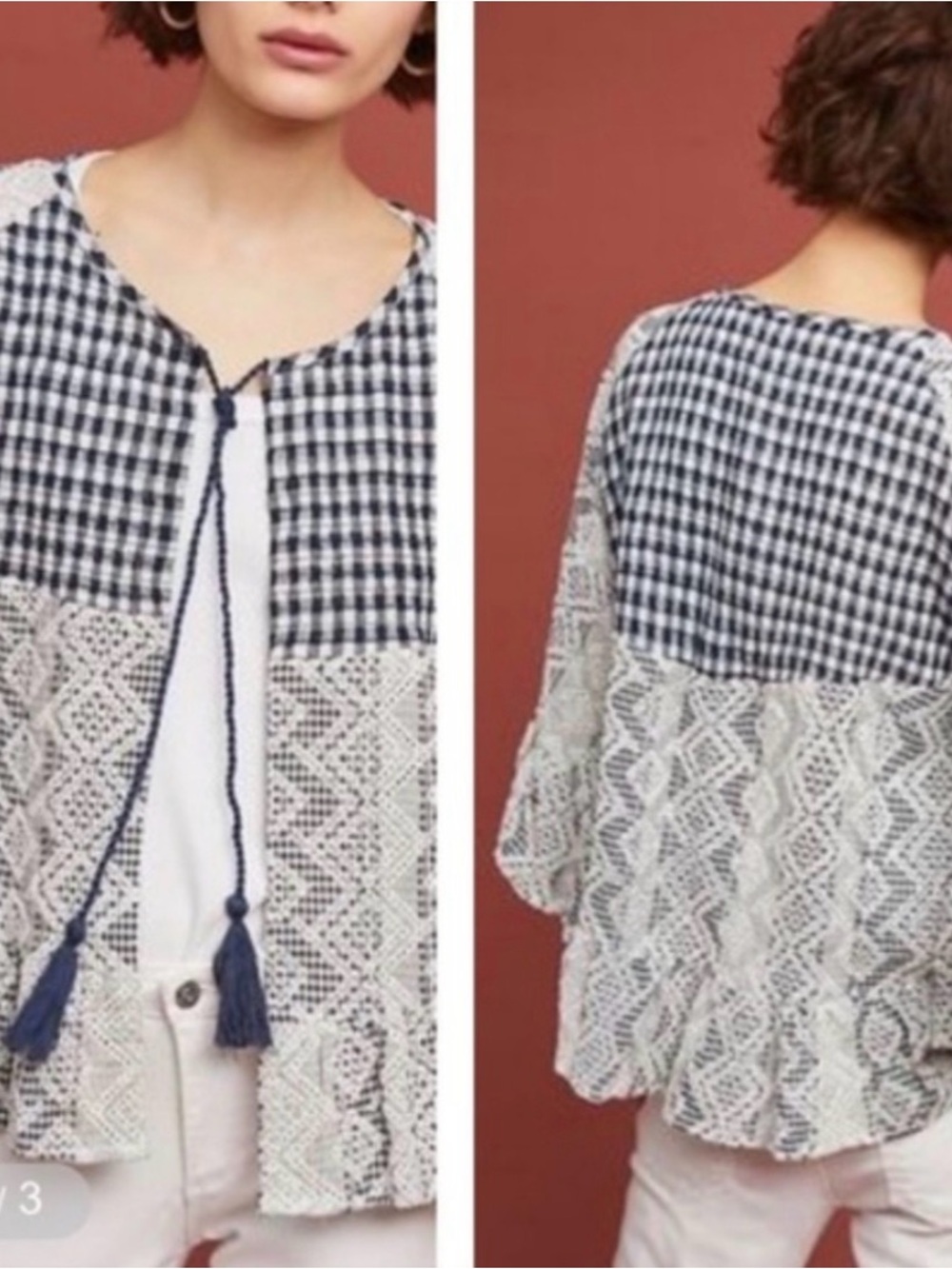 Anthropologie Akemi & Kin Navy Gingham + Ivory Crochet Boho Kimono One Size